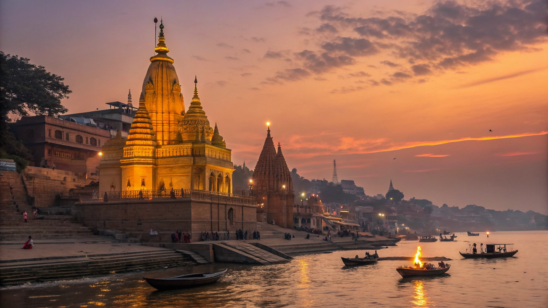 Cinematic view of Kashi Vishwanath Temple at sunset, Varanasi, Uttar Pradesh